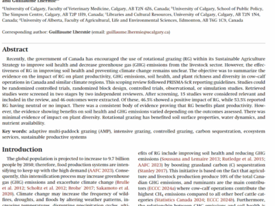 first page of journal article 'A scoping review on the impact of rotational grazing in beef cattle systems on greenhouse gas emissions, soil health, plant diversity, and plant productivity parameters'